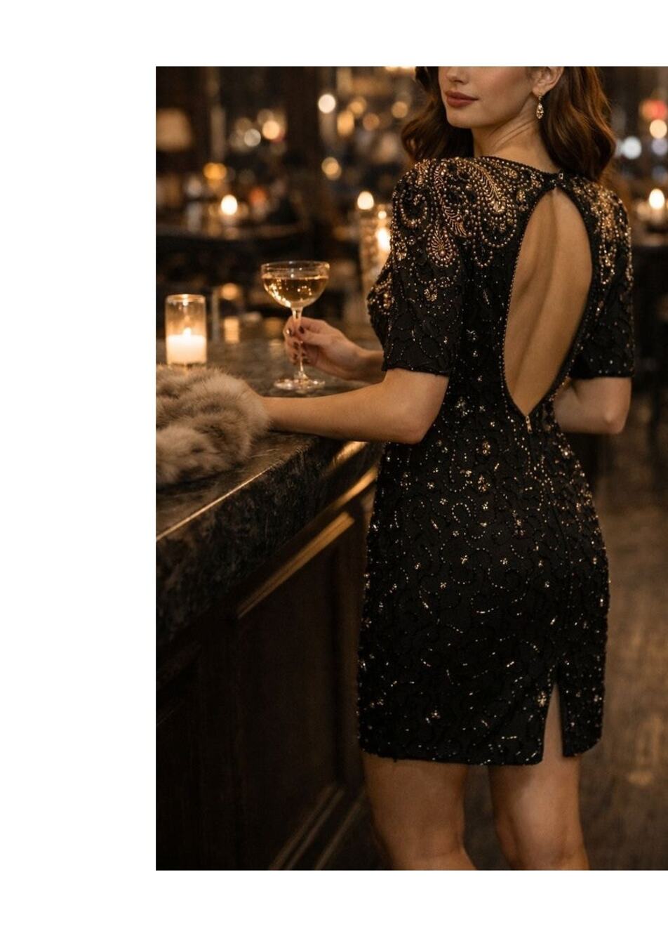 Vintage Black & Gold Silk Beadwork Cocktail Dress Open Back 80s Evening Party